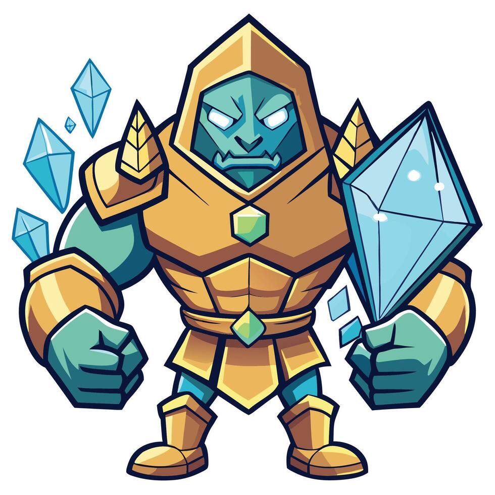 Powerful, armored ice creature wielding a crystal shield vector