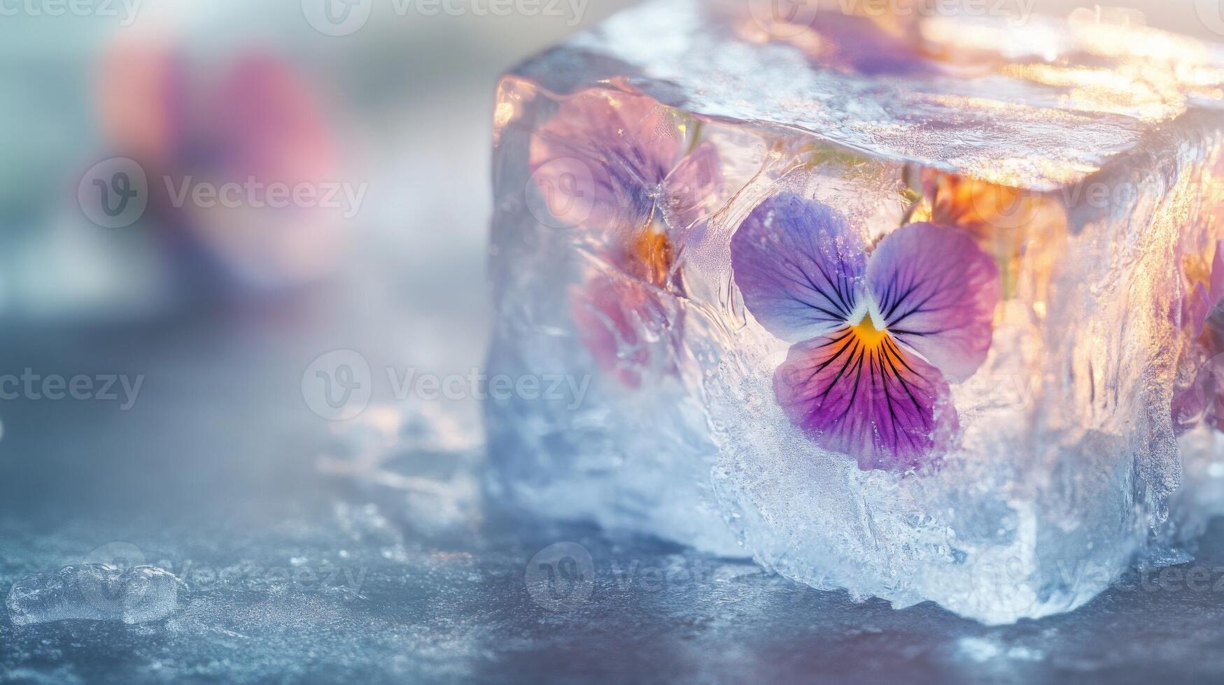 Colorful pansy flowers encased in clear ice block on a textured surface during bright daylight photo