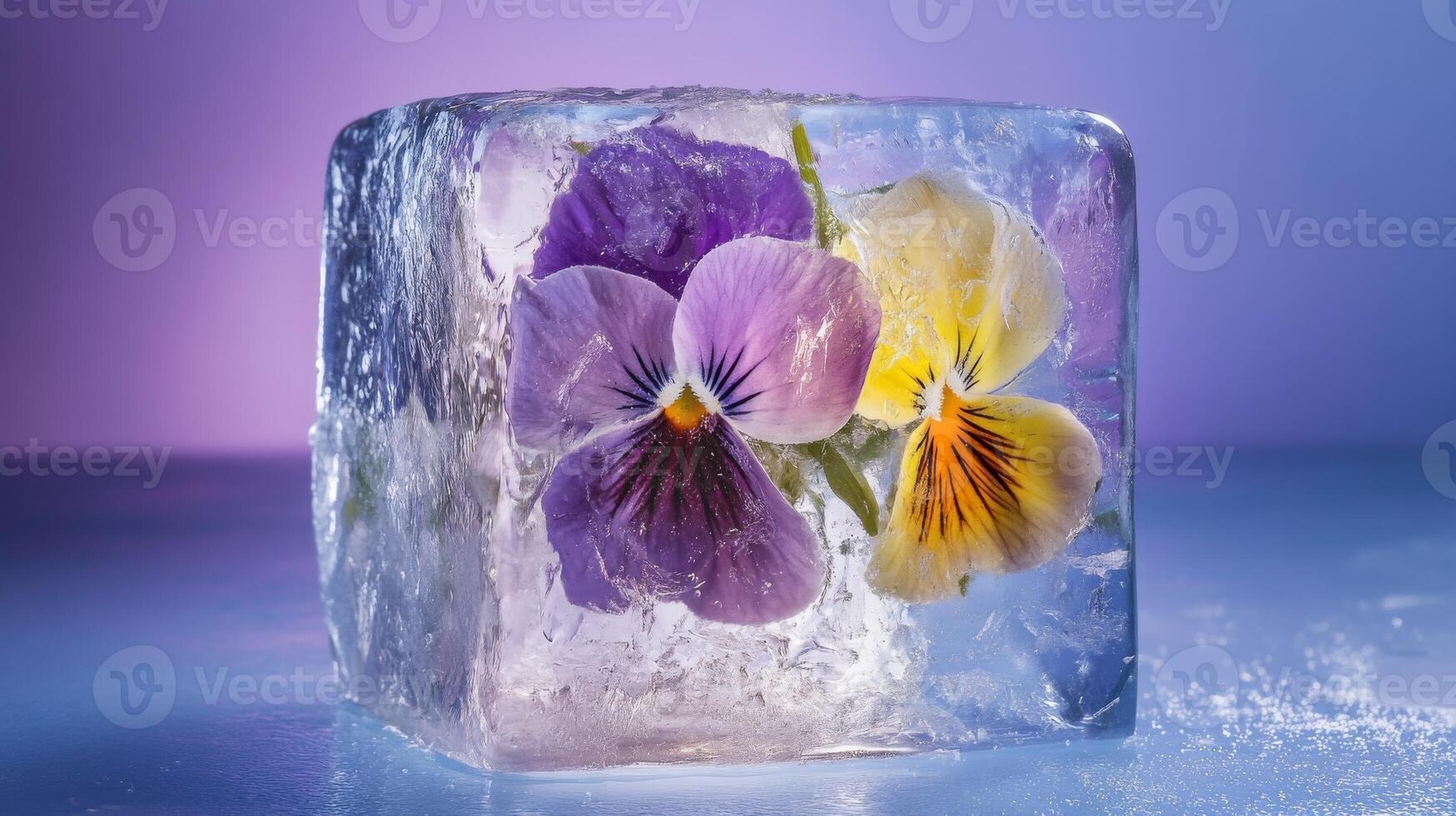 Frozen flowers surrounded by ice create a stunning visual display in a purple and blue lighting ambiance photo