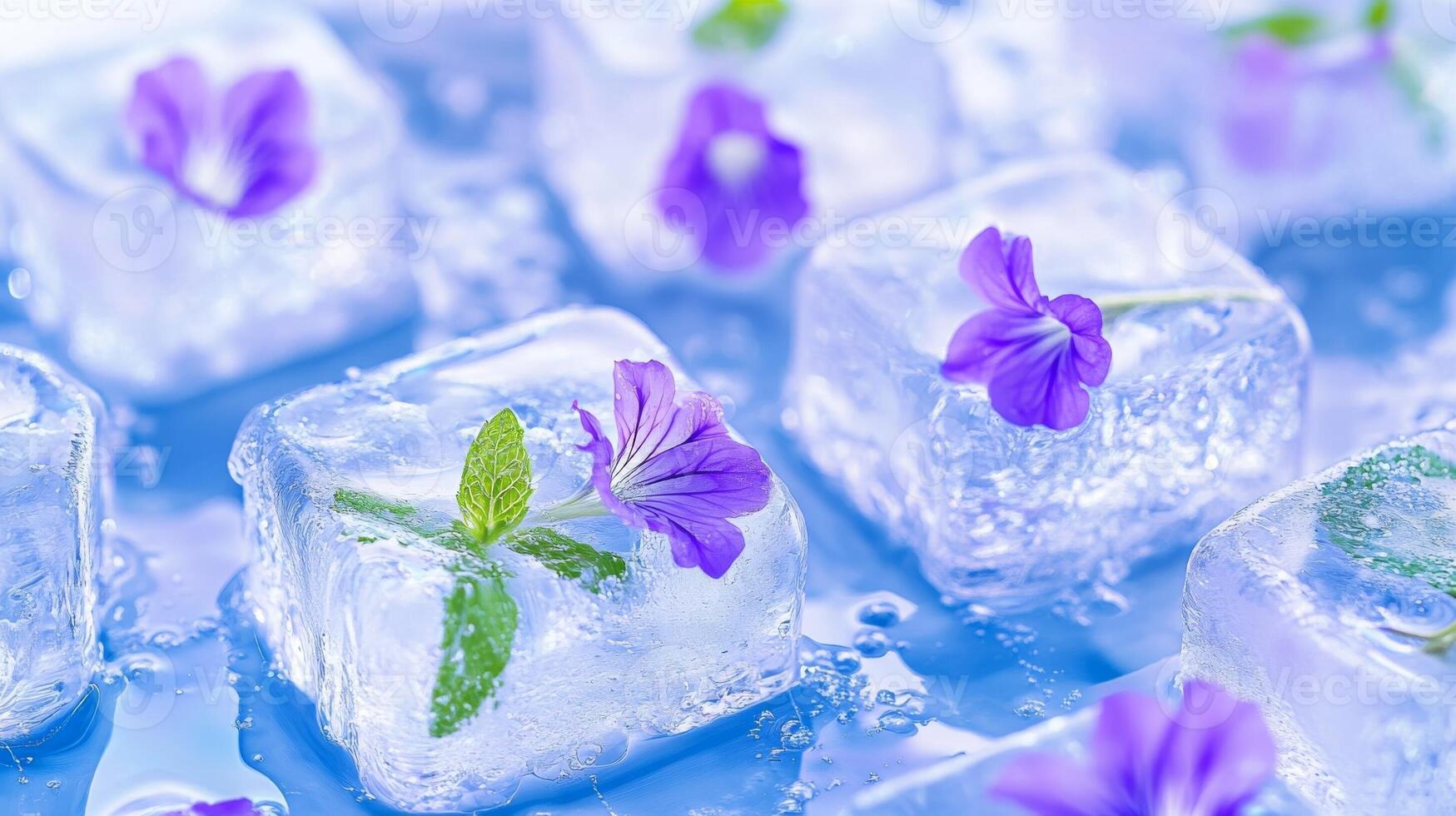 Fresh flowers and mint leaves embedded in ice cubes resting in a pool of cool water photo