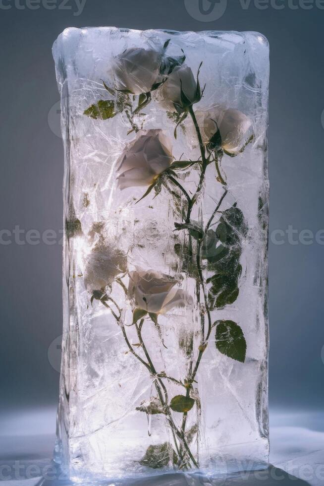 Frozen white roses encased in ice block illuminated from within in an artistic display photo