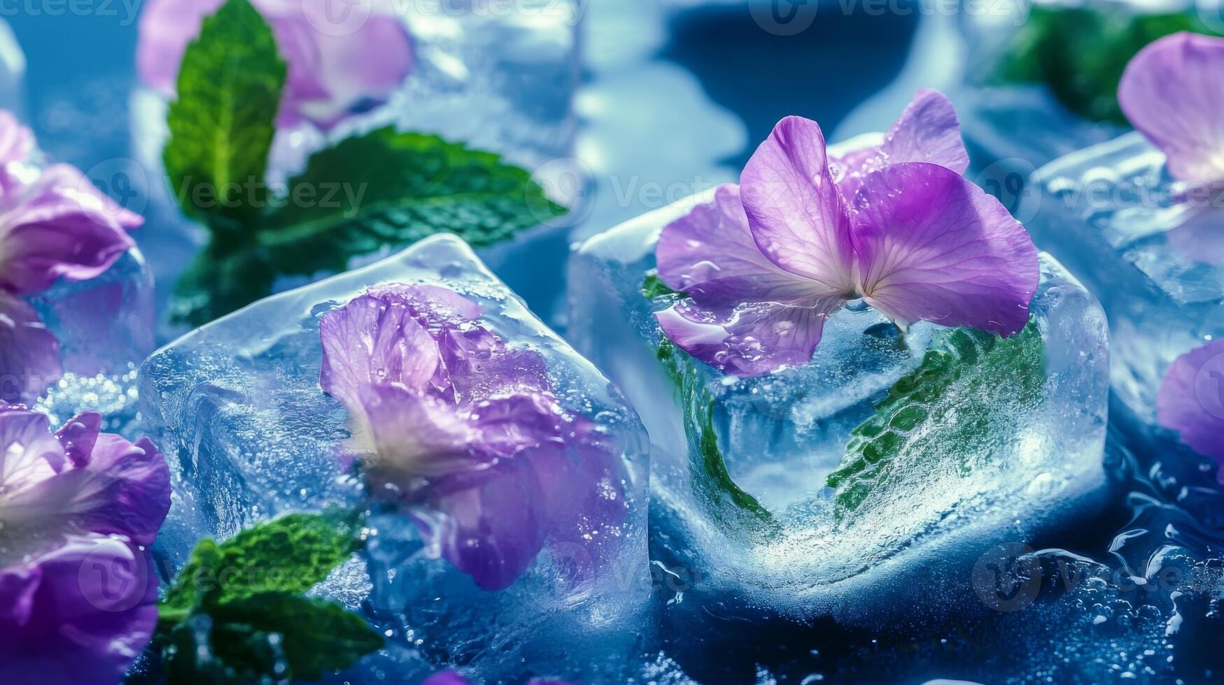 Beautiful ice cubes with purple flowers and mint leaves glistening under bright light photo