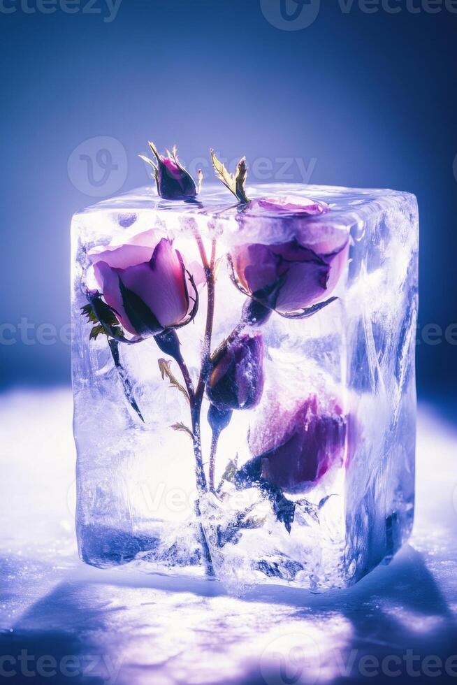 Beautiful frozen roses encased in clear ice illuminated by soft lighting photo