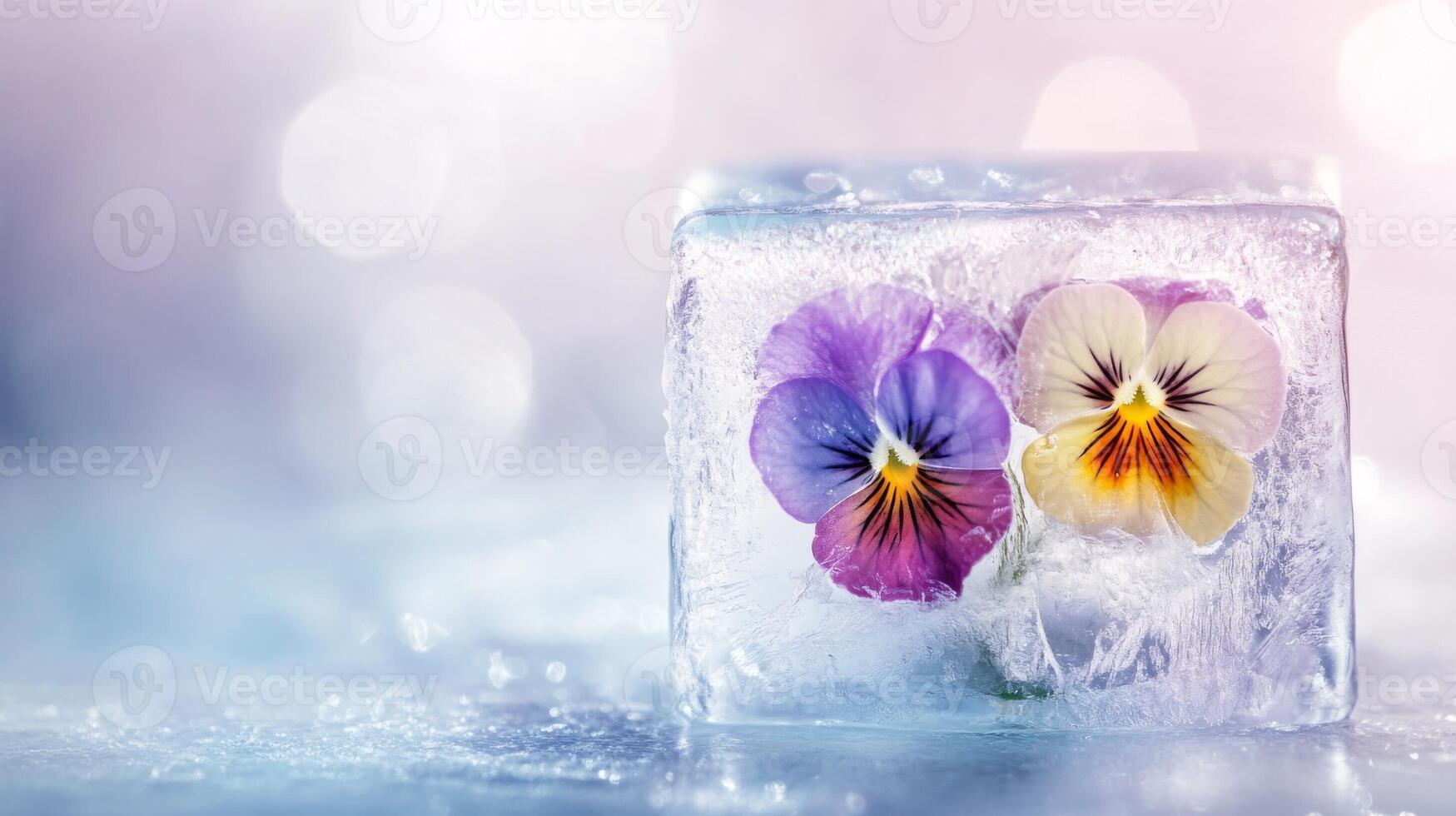 Frozen flowers captured in ice creating a unique visual composition with vibrant colors photo