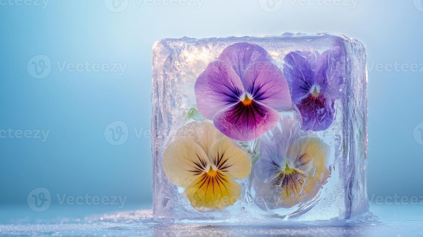 Colorful pansies encased in a block of ice against a serene blue background photo