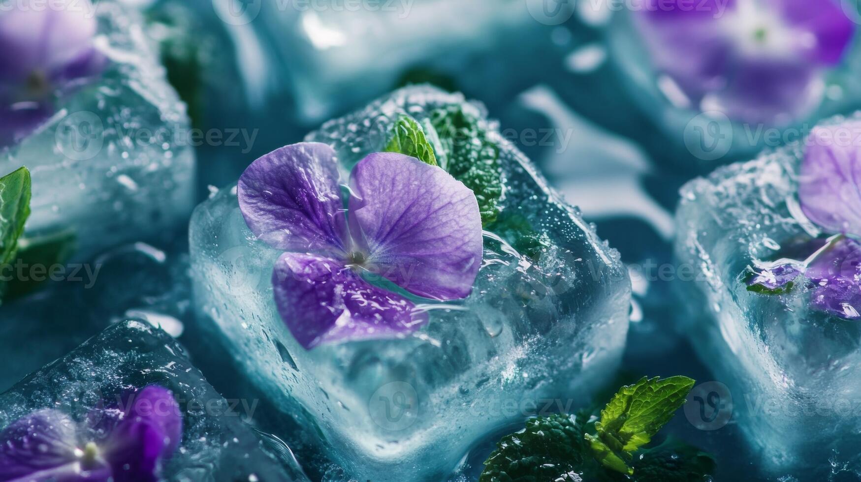 Refreshing ice cubes with purple flowers and mint leaves on a cool background photo