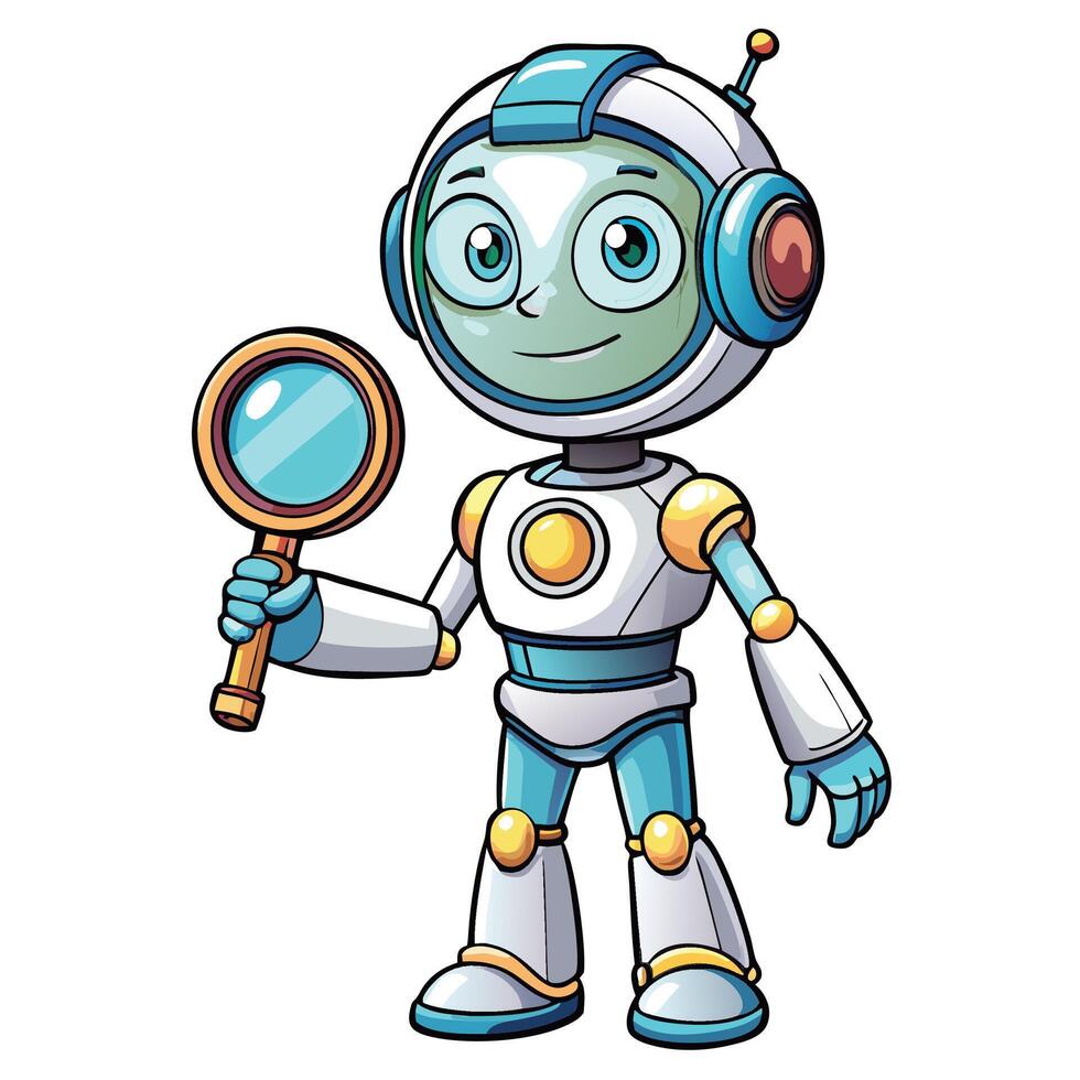 Cute robot holding a magnifying glass vector