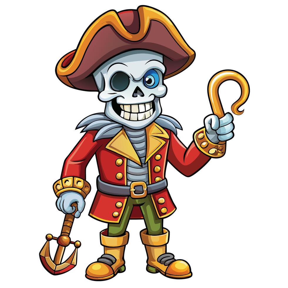 Cartoon skeleton pirate with gold accessories and a walking stick vector