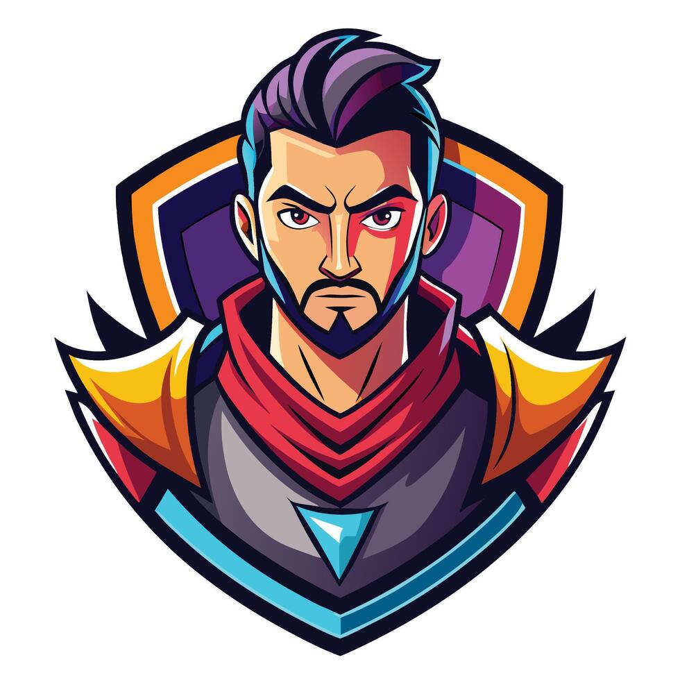 Fierce, stylized character portrait, vibrant colors, and shield design vector
