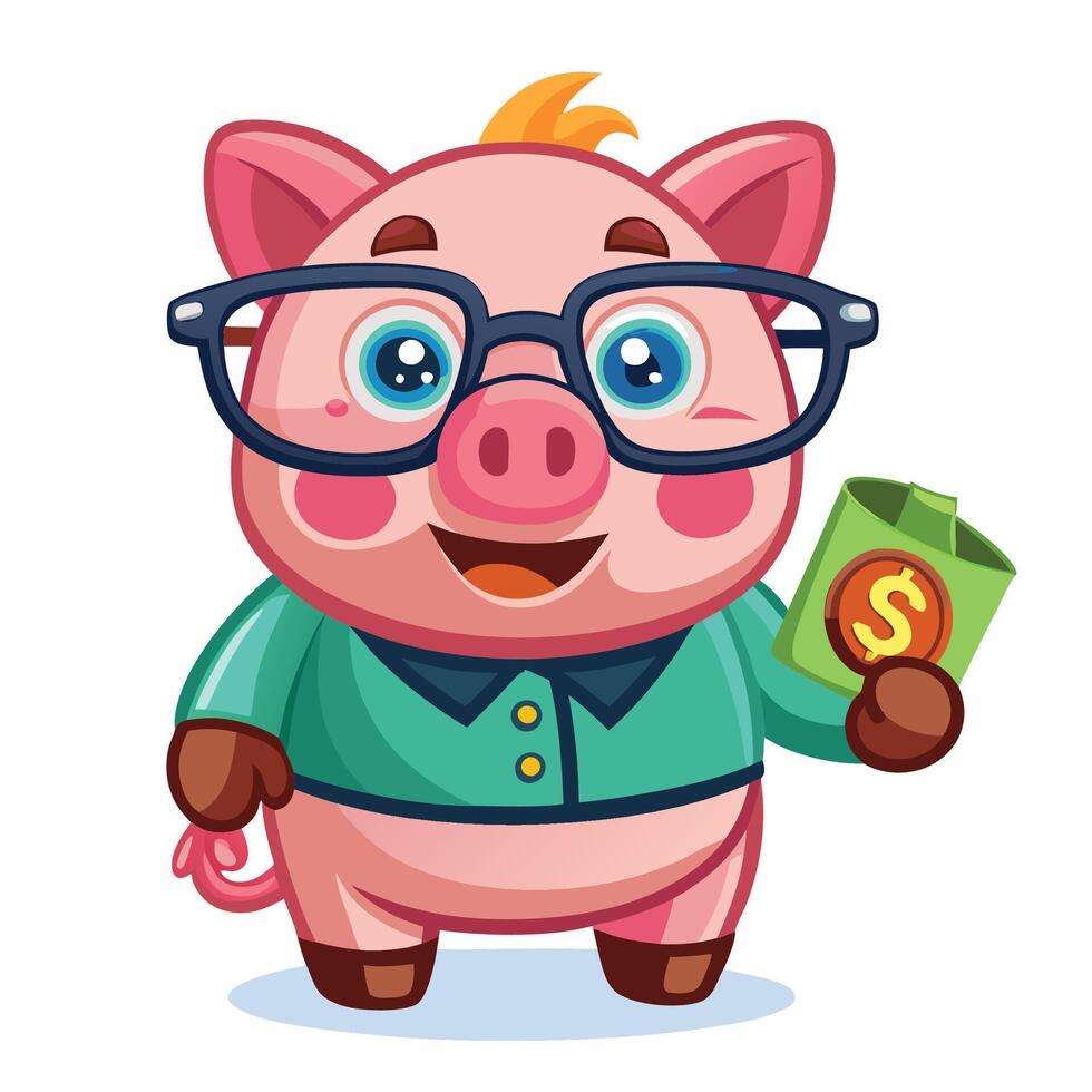 piggy bank cartoon character with glasses and money vector