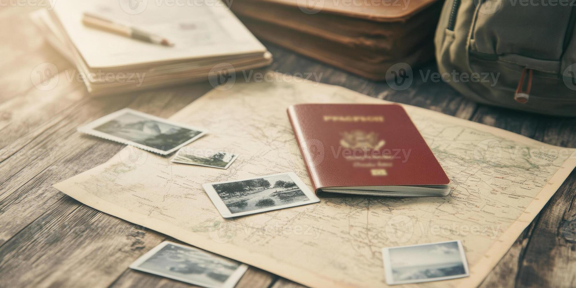 A passport, Polaroid photos, and a detailed map hint at an exciting adventure ahead photo