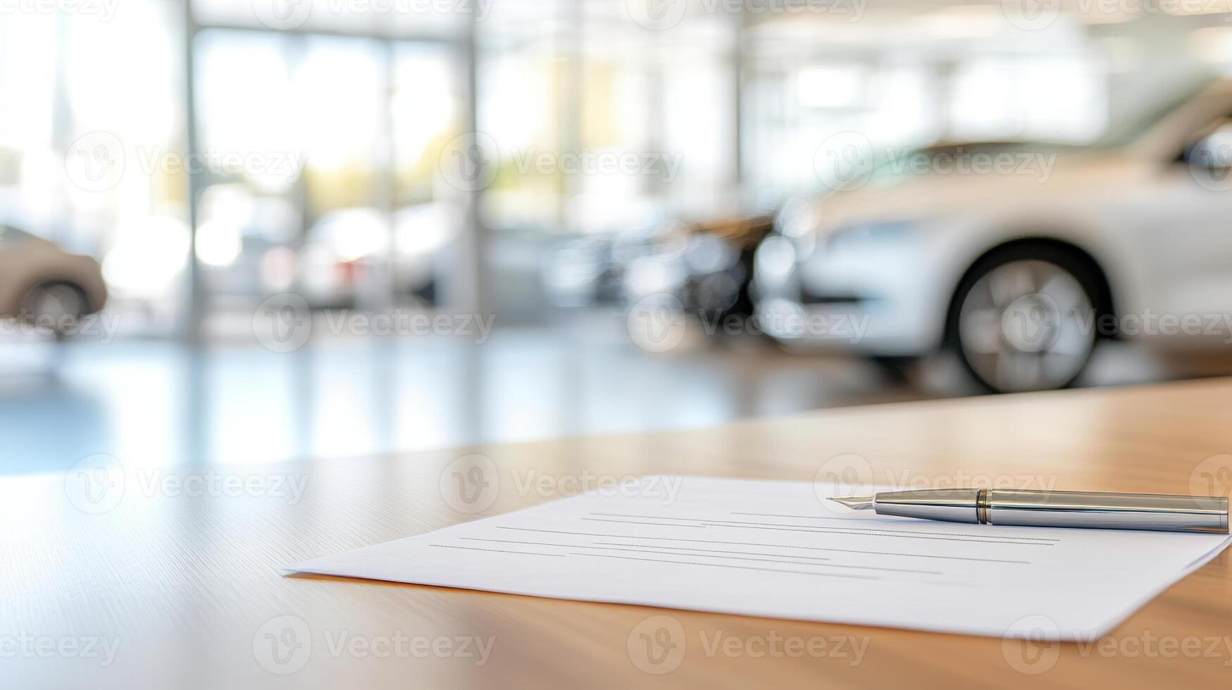 A contract is being signed with a pen at a car dealership office, highlighting the sale process photo