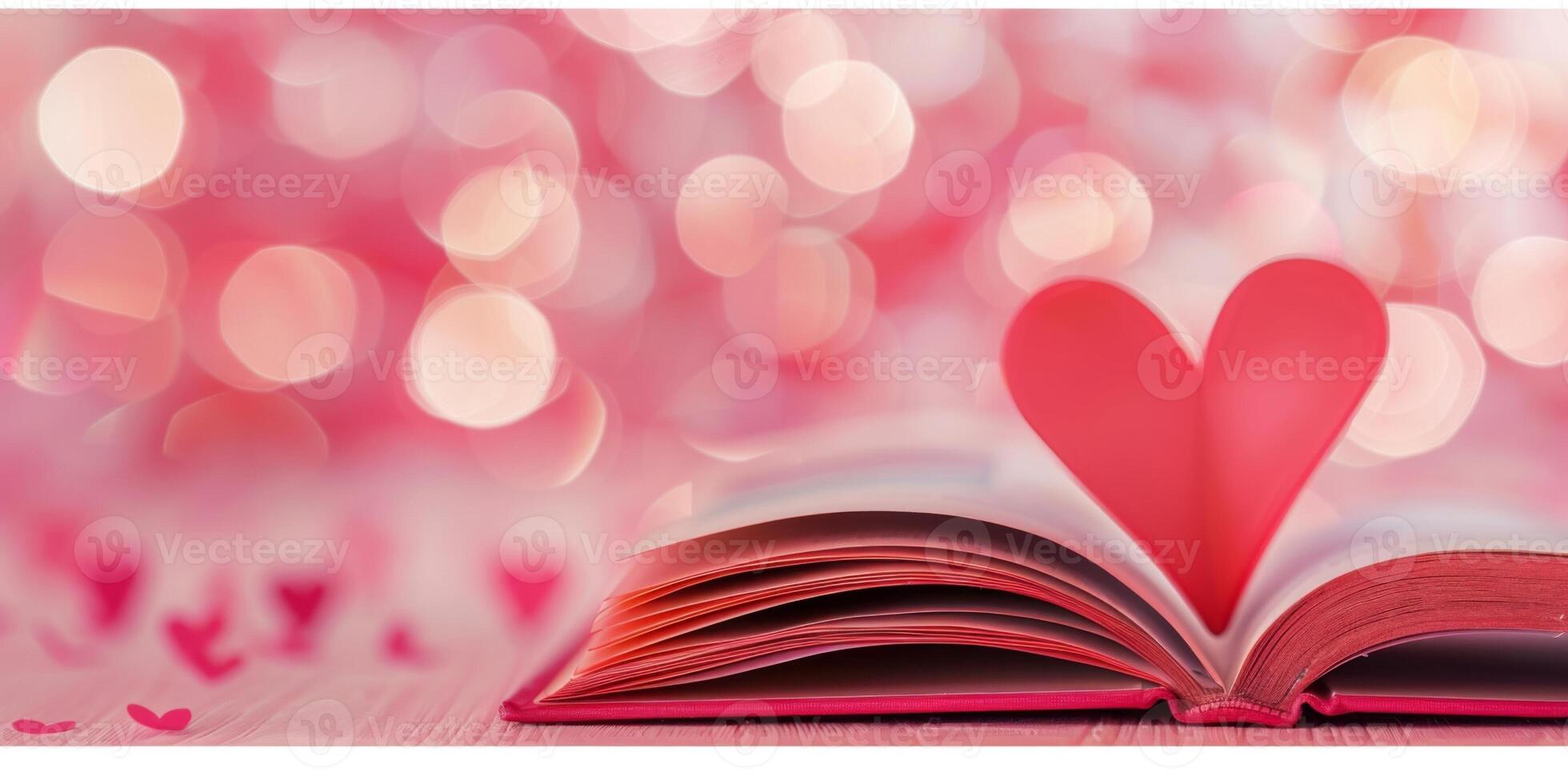 Open book with red heart shaped paper on pink bokeh background photo