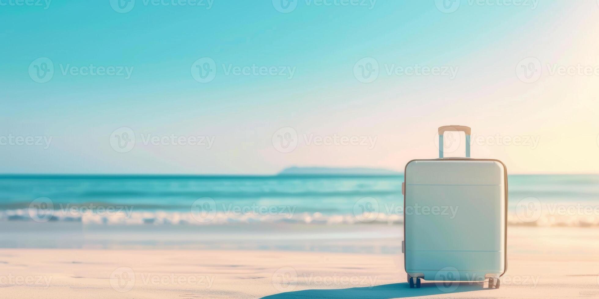 White suitcase on sandy beach under a sunny sky photo
