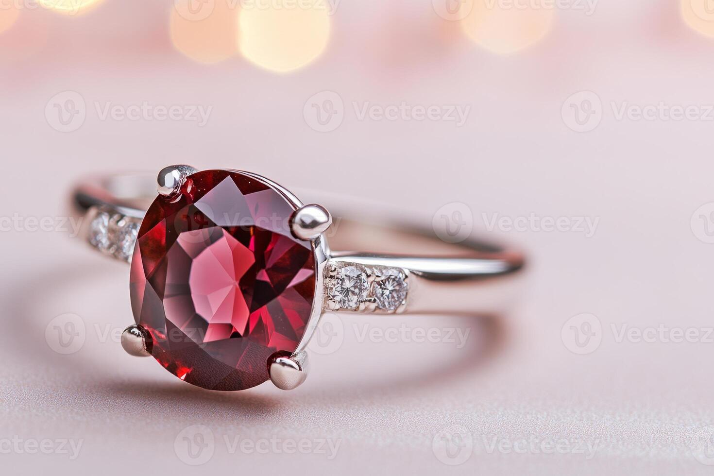 Dark cherry ring with a large stone and sparkling accents, highlighted against a simple, bright backdrop photo