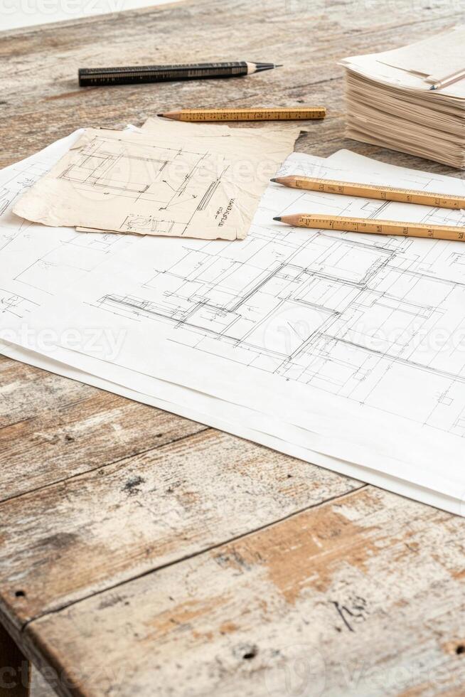 A drafting table showcases an architectural blueprint surrounded by design tools and crumpled sketches photo