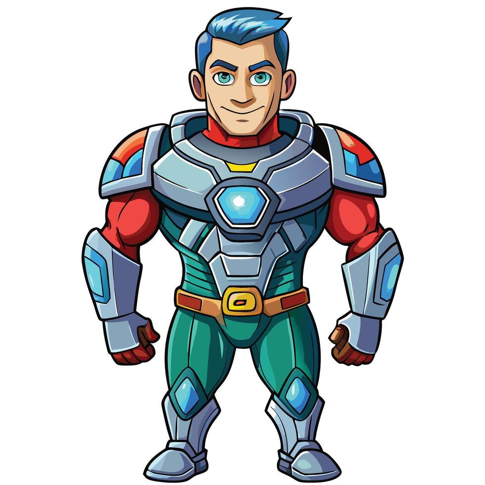 Cartoon superhero in futuristic armor white background vector