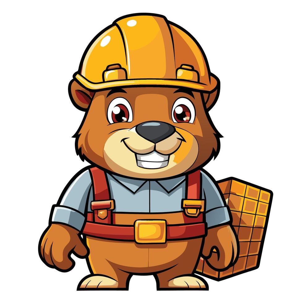 Cute cartoon bear construction worker carrying a brick vector