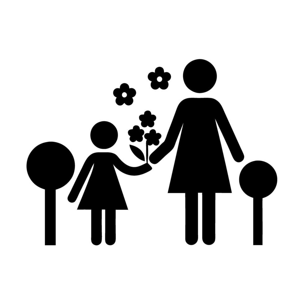 A heartwarming scene of a mother and child together, holding flowers in a beautiful garden, ideal for Mothers Day background vector