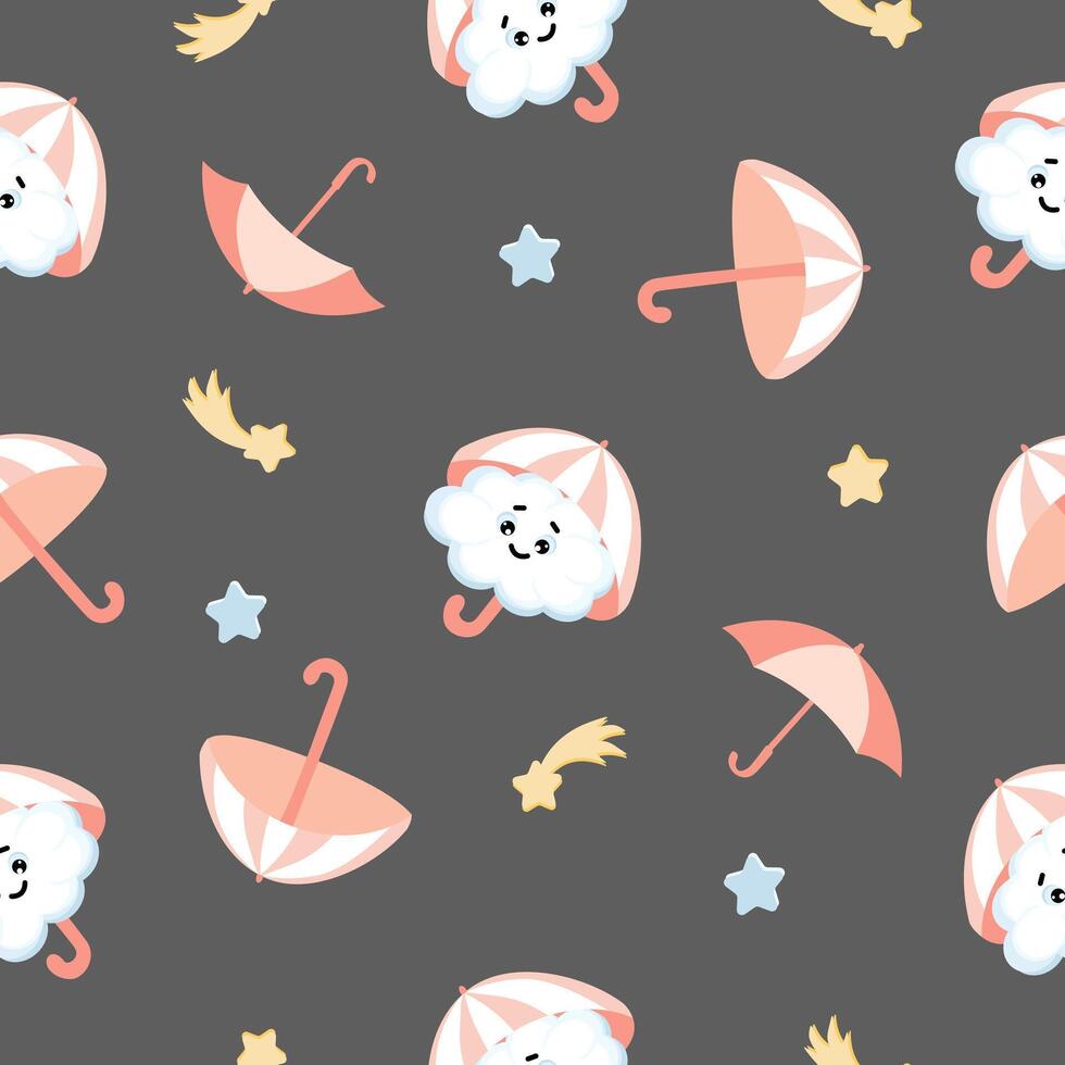 Seamless pattern of cute kawai clouds, stars and umbrella on grey background. Design for children's textiles, bed linen, pajamas, wallpaper and much more. vector
