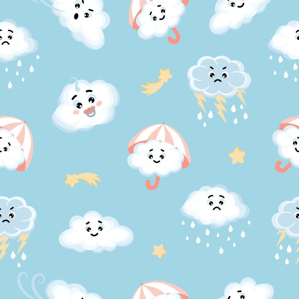 Seamless pattern of cute kawai clouds, stars, raindrops and umbrella on blue background. vector