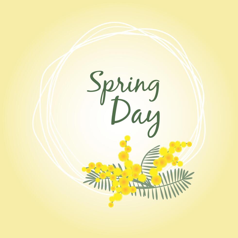 Wreath with mimosa twigs on yellow background. Spring day. Mimosa flower wreath, decorative circle composition for greeting card. vector