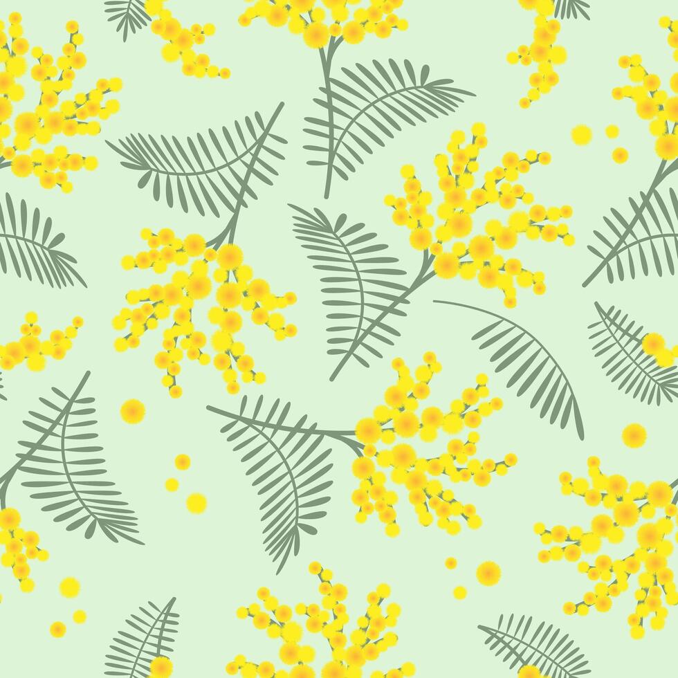 Spring seamless pattern with mimosa flowers on green background. Great for fabrics, especially for linens, wrapping papers, wallpapers. vector