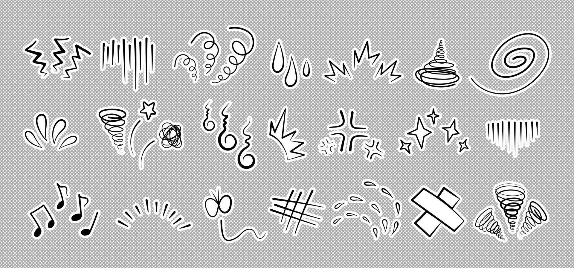 Manga or anime comic emoticon element scribble graphic effects hand drawn doodle illustration set vector