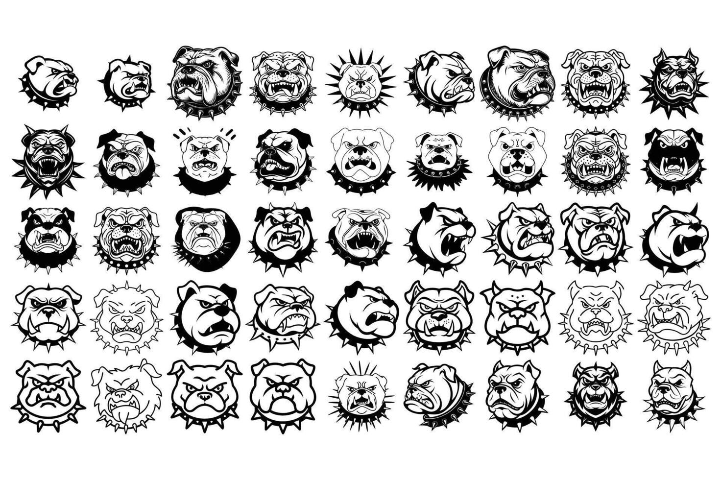 Collection of Angry Bulldog Mascot Illustrations in Black and White with Spiked Collars vector