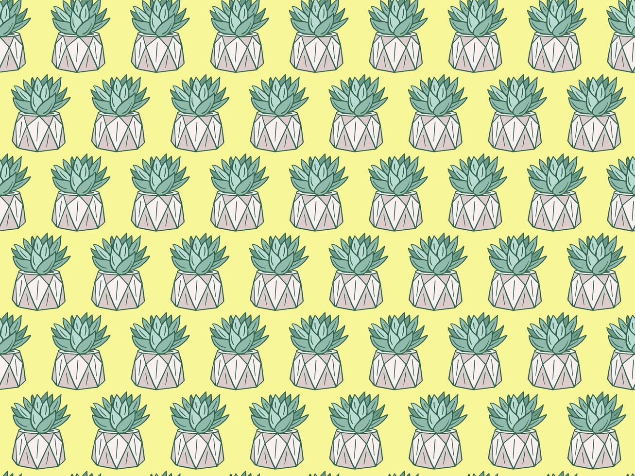 seamless pattern showcasing geometric planters filled with green succulents on a vibrant yellow background. Ideal for wallpapers, stationery, fabric, and digital prints vector