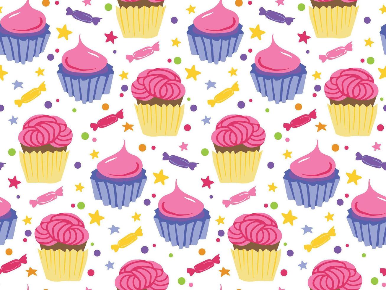 seamless pattern of colorful cupcakes, candies, and decorative stars on a white background. Ideal for fabric prints, wrapping paper, greeting cards, and digital designs. vector