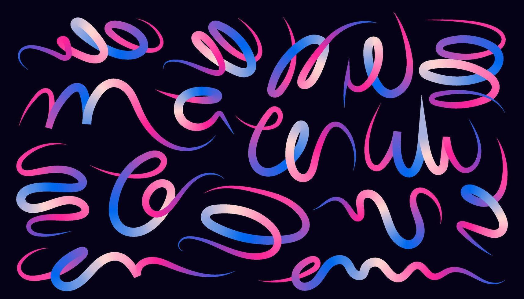 Set of Hand Drawn Abstract Wavy Lines and Scribble Sketches with Vibrant Colors on a Black Background. Playful geometric fluid organic shapes isolated. Trendy colorful freehand line doodles. vector
