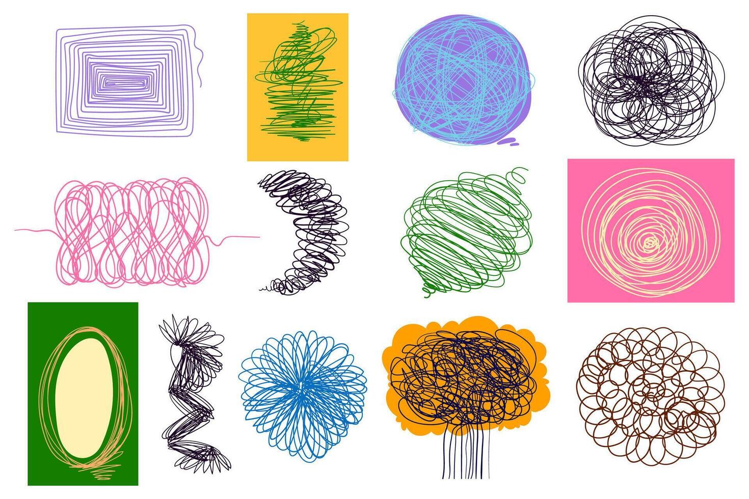 Colorful Chaotic Lines and Abstract Loops isolated on White Background. Hand Drawn Scribble Shapes Collection. Perfect for modern art prints, design textures vector
