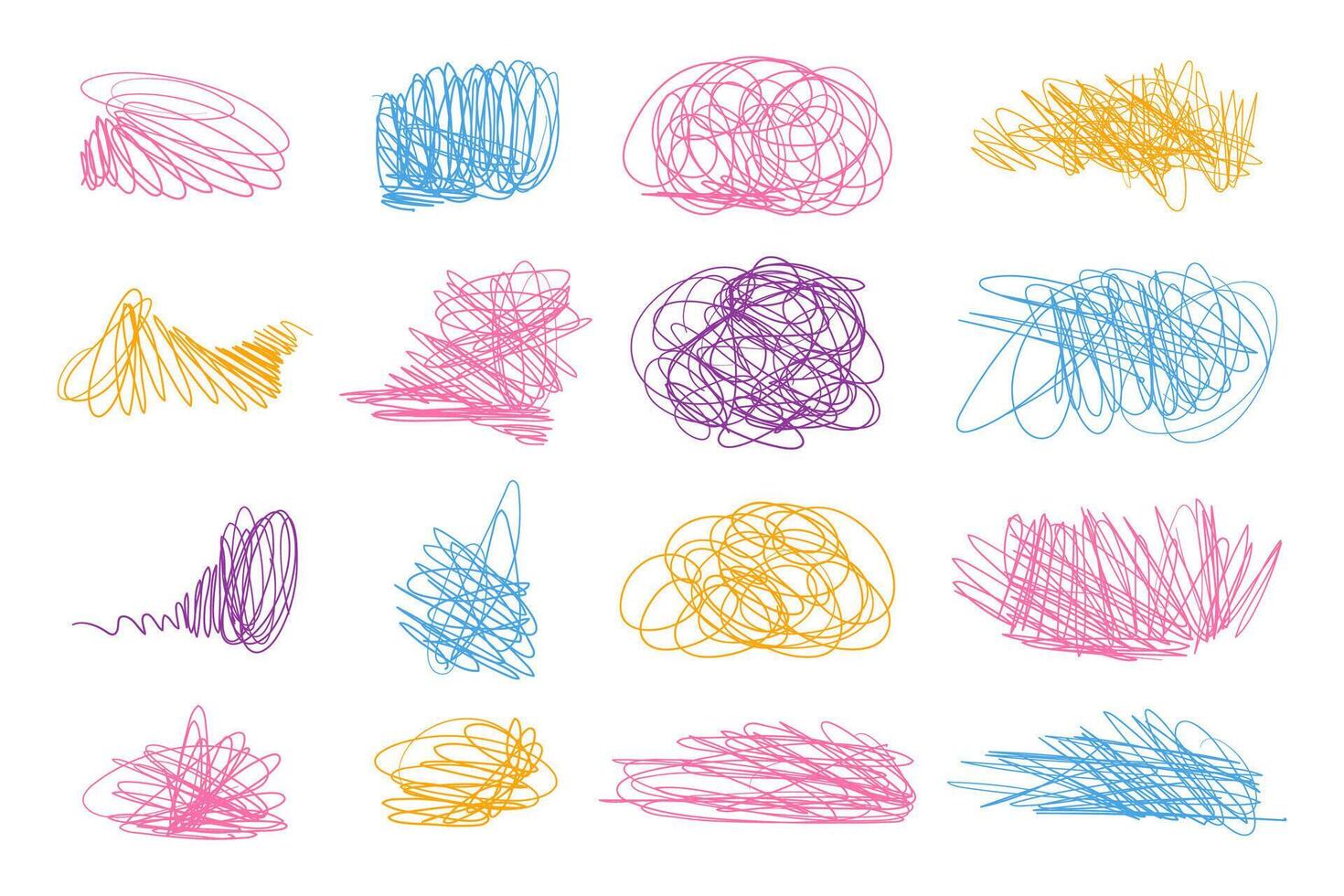 Tangled and Chaotic Lines with Abstract Loops isolated on White Background. Hand Drawn Scribble Shapes Collection. Perfect for modern art prints, design textures vector