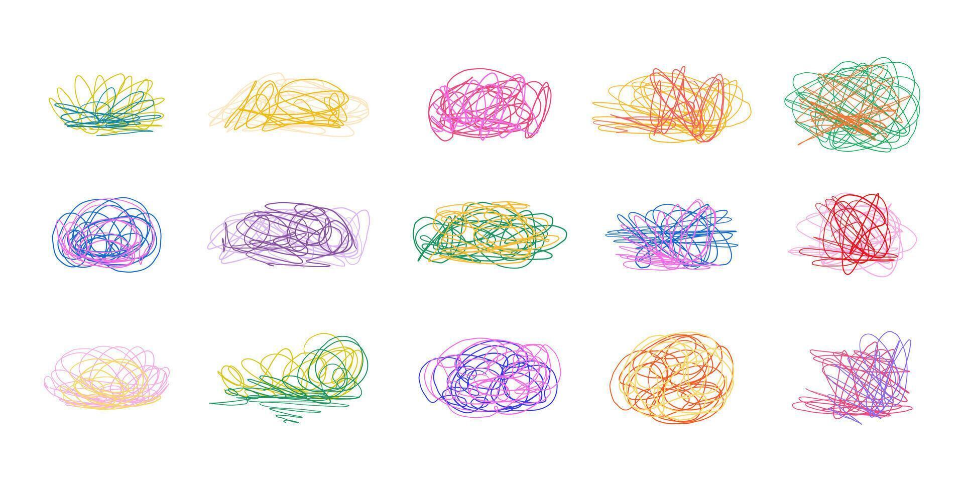 Hand-Drawn Colorful Scribble Expressive Chaotic Lines and Abstract Loops on White Background. Abstract tangle shapes in vibrant neon and pastel shades. Perfect for kids designs, fun digital assets vector