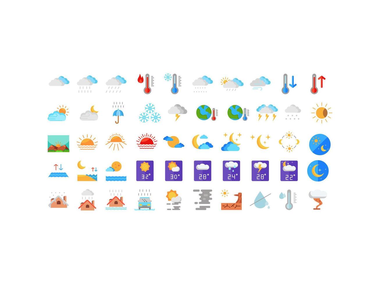 Pack of 50 weather icons with fill color style. low temperature, winter, weather news, no water, pressure, cloud, rain, fog, lightning, etc. icons suitable for web, mobile and print applications. vector
