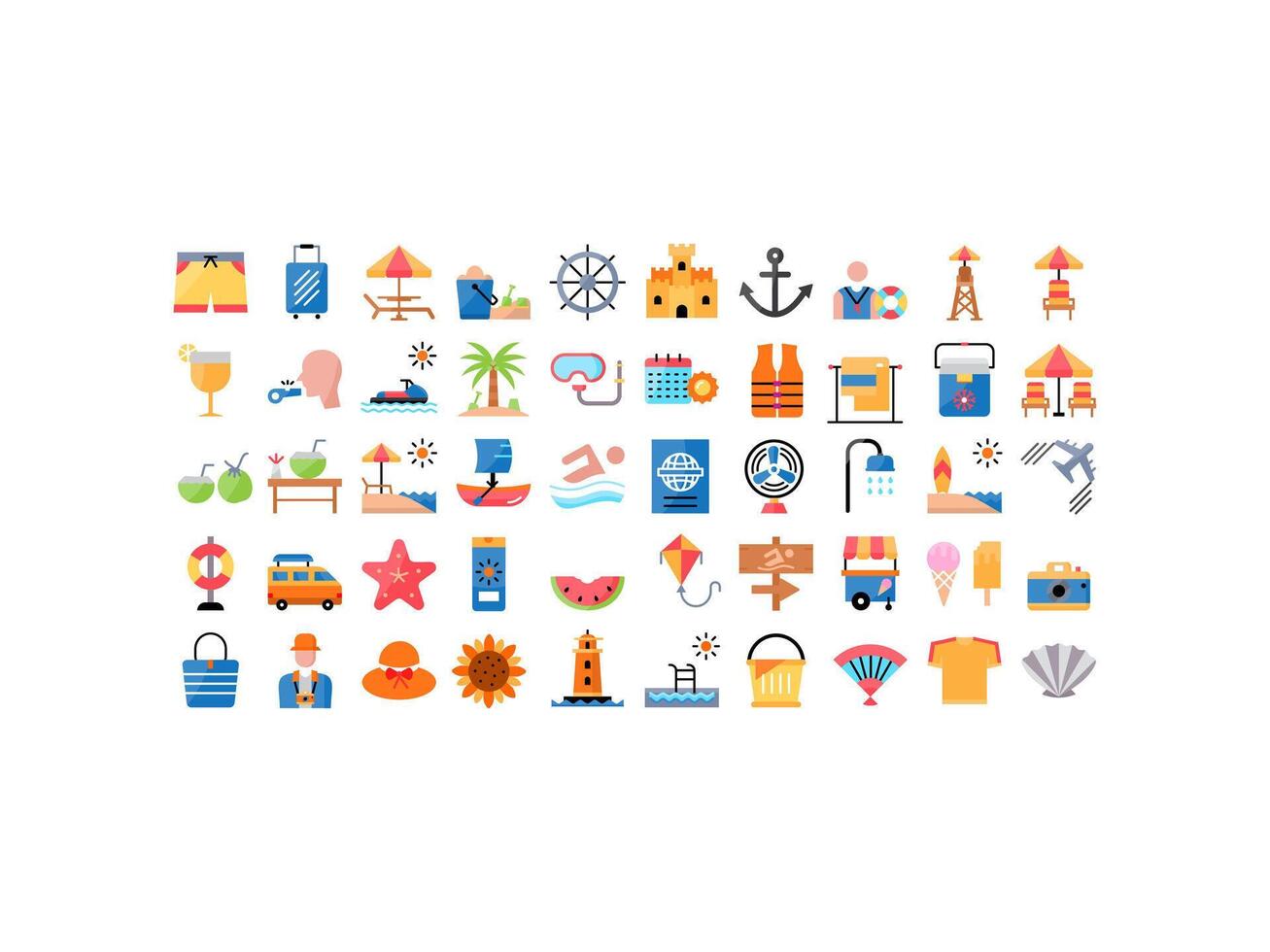 Set of 50 summer beach icons for summer fun. Perfect for social media, vacation-themed designs, travel promotions, and beach-related content. vector
