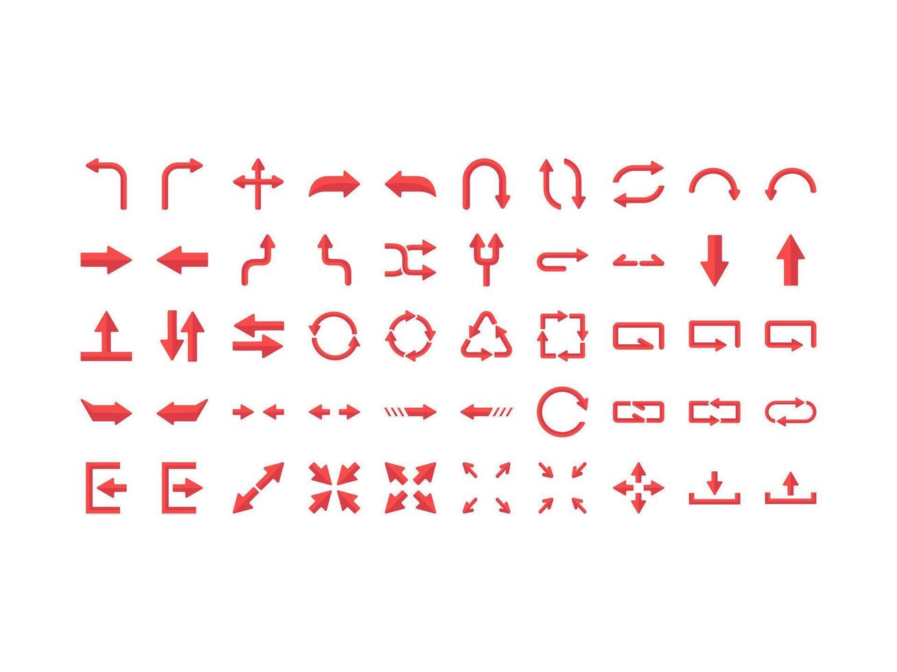50 arrow icon pack with simple flat color style. repeat, expand, exit, download, expand, upload, refresh, undo,random etc. Suitable for app and website user interface design etc, isolated . vector