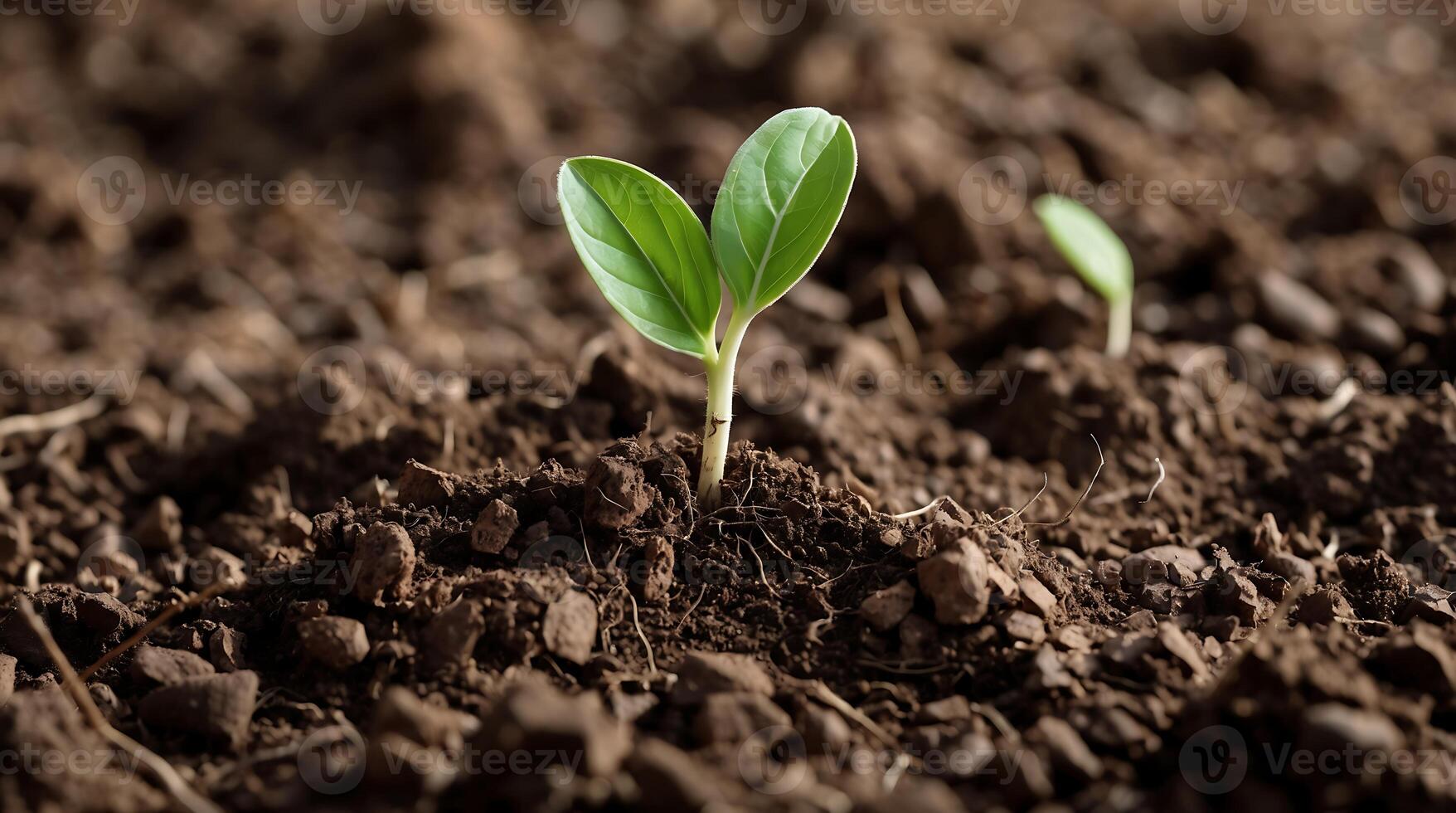 Young seedling emerging from parched soil in response to climate changes photo