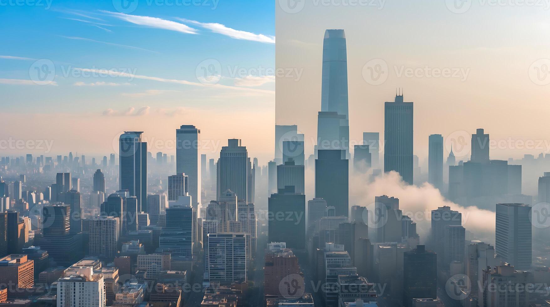Urban skyline comparison showcasing clarity and pollution effects on city environments photo