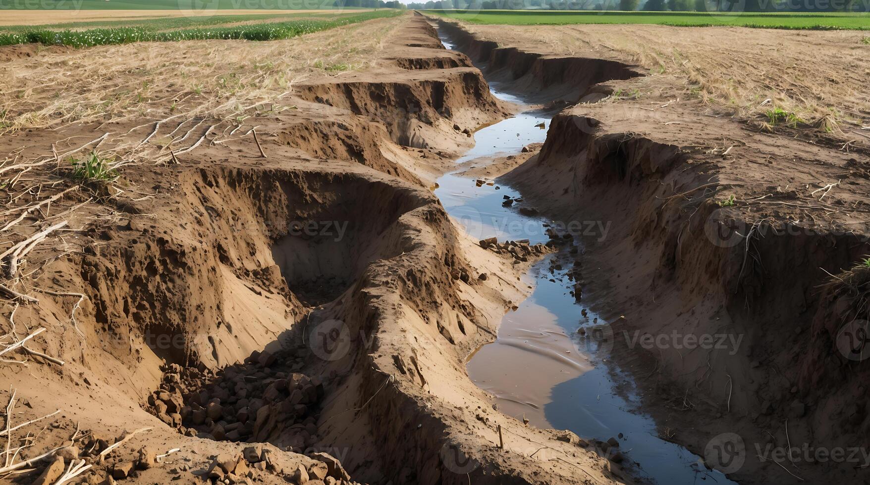 Soil erosion gullies from climate change impact on agricultural land photo