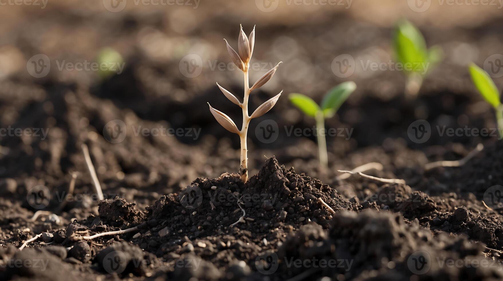 Seedling emerging from dry soil in a changing environment showcasing resilience photo