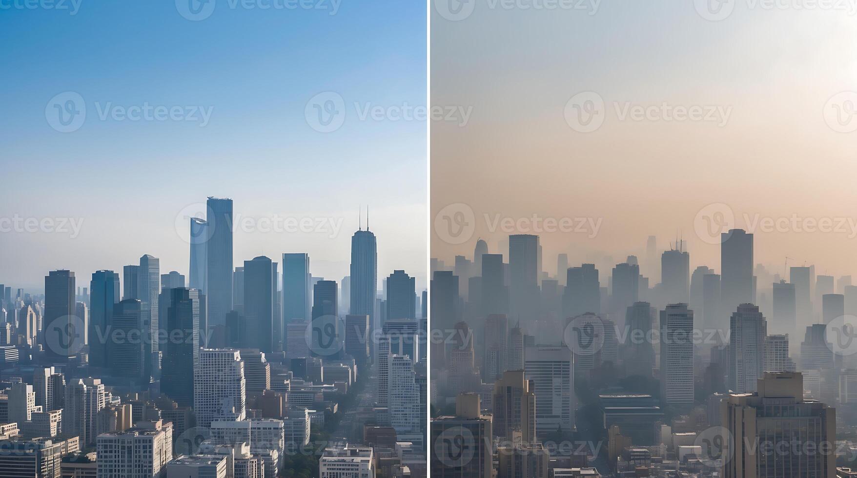 Contrast of urban skyline in clear conditions versus climate change impacts photo