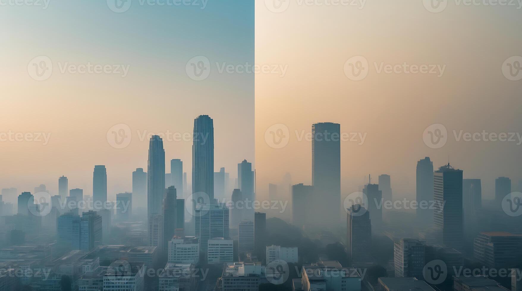 City skyline effects of climate change revealed in split image photo