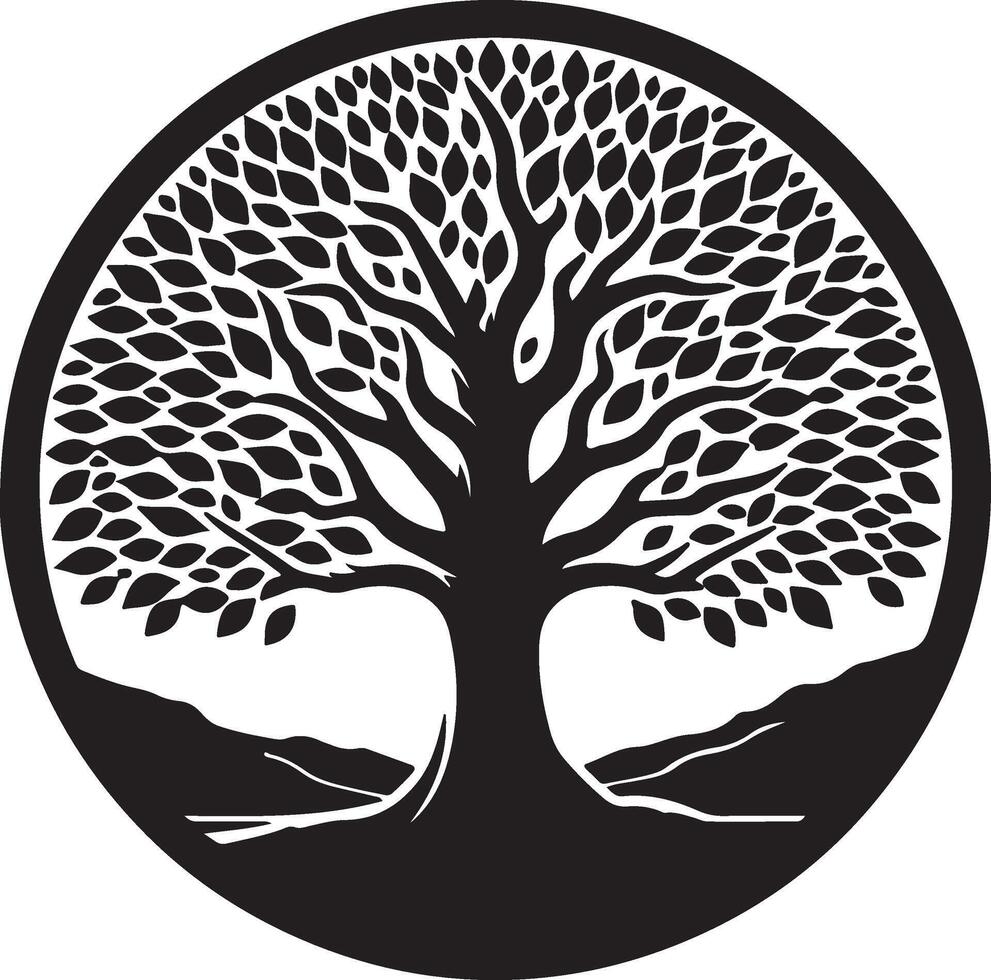 black and white logo of a tree with leaves illustration vector