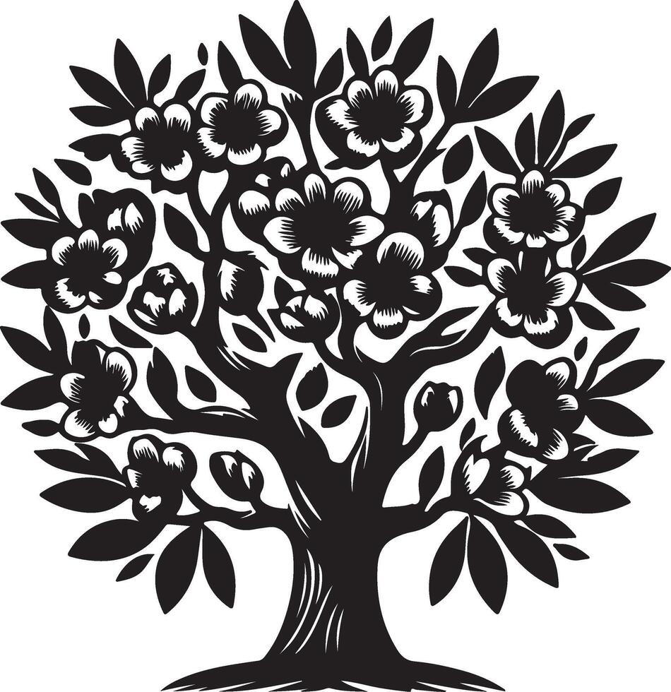 The black and white creative illustration of a tree with flowers for your design vector