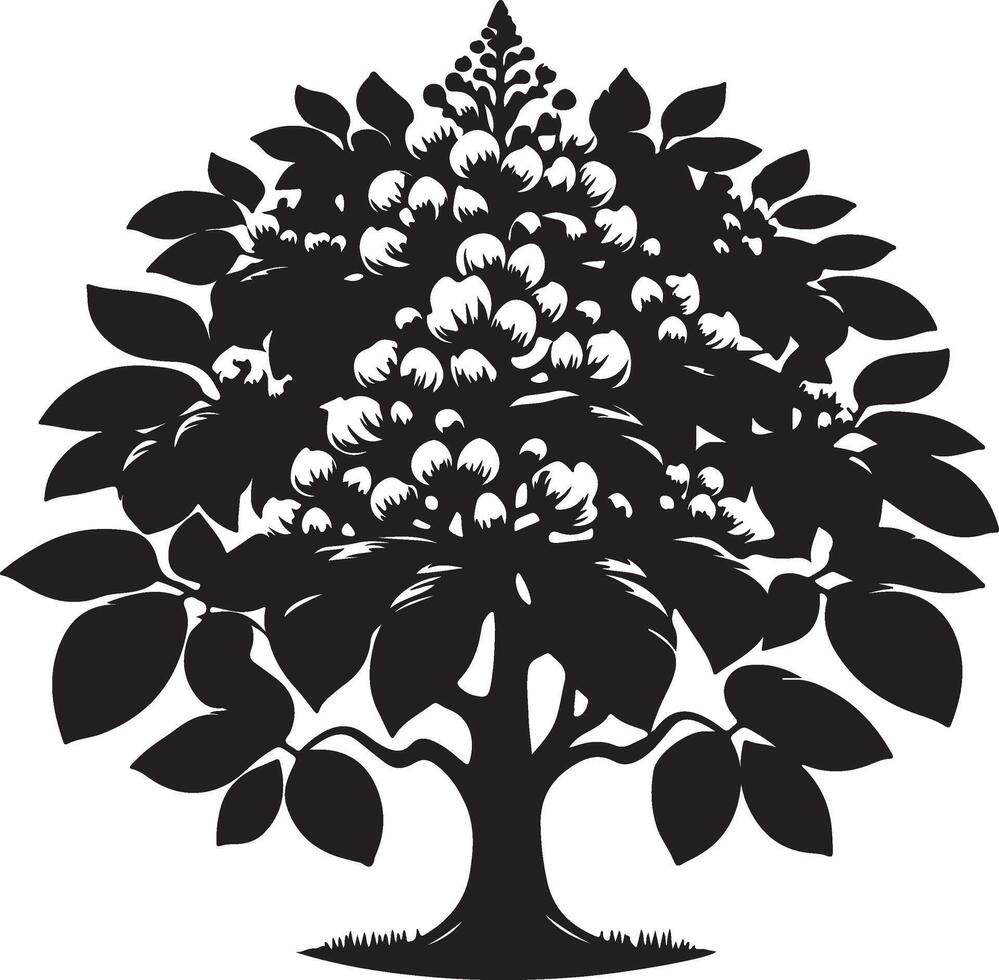 The black and white illustration of a tree with flowers vector