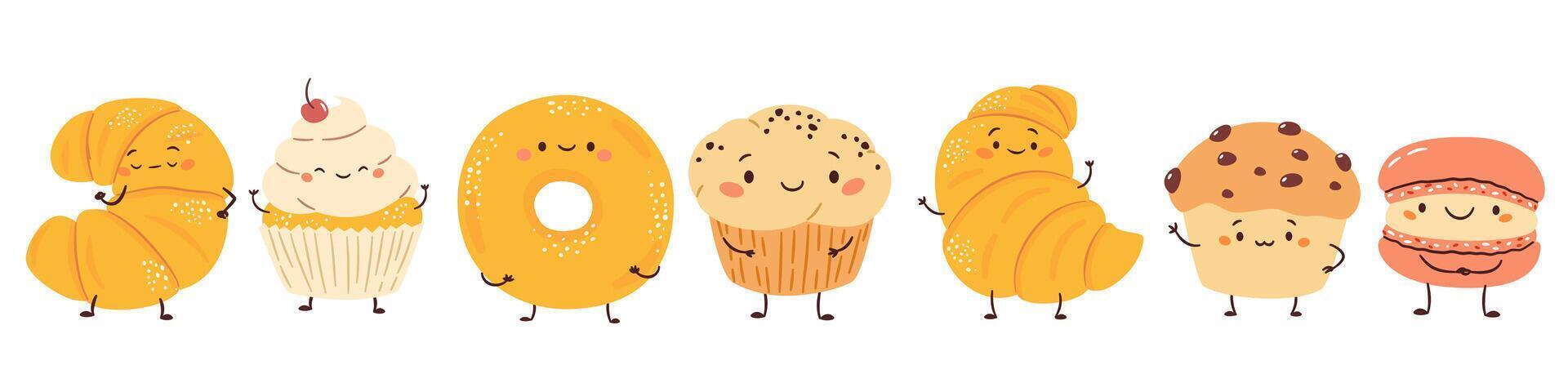 set of cute illustrations in a simple childish style. Cute food with muzzles hands and feet. Croissants buns cakes and cupcakes vector