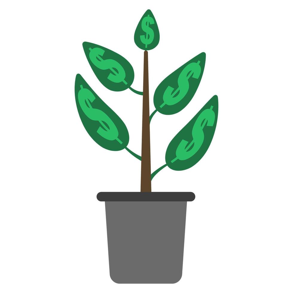 Plant with dollar symbol leaves representing financial growth, money tree vector