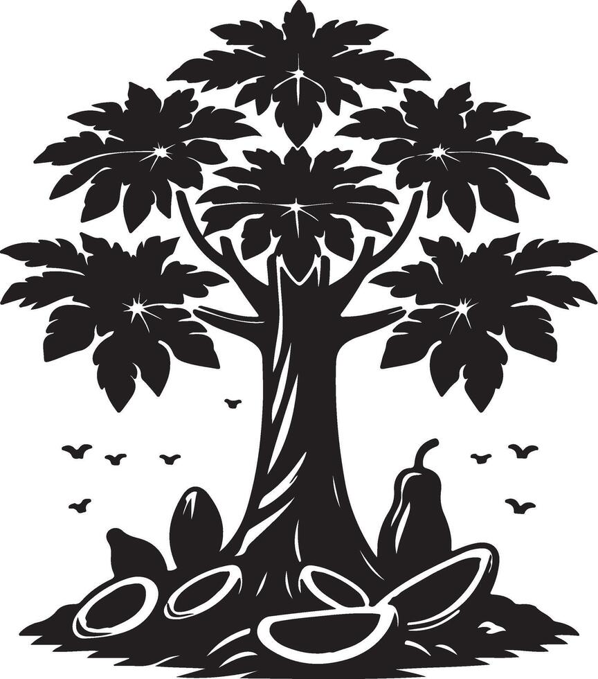 A unique black and white illustration of a tree with fruit vector